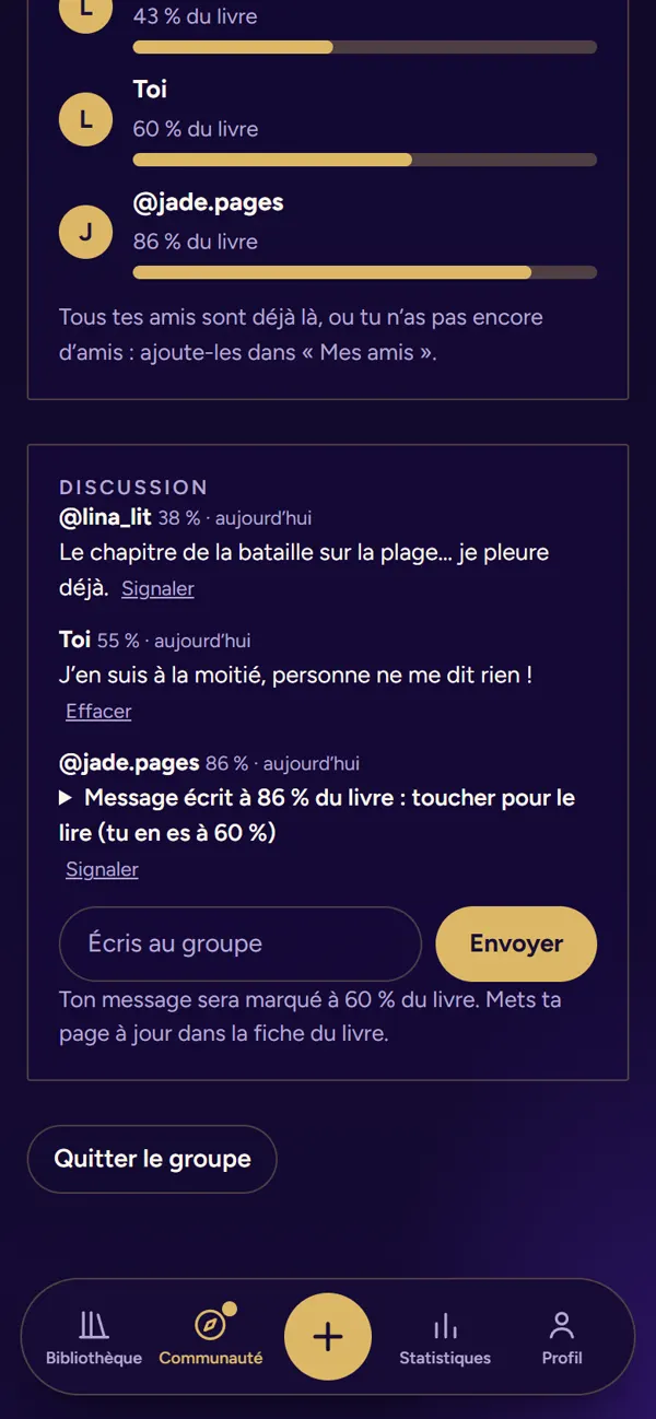 Un groupe de lecture commune : les membres, leur avancement et la discussion