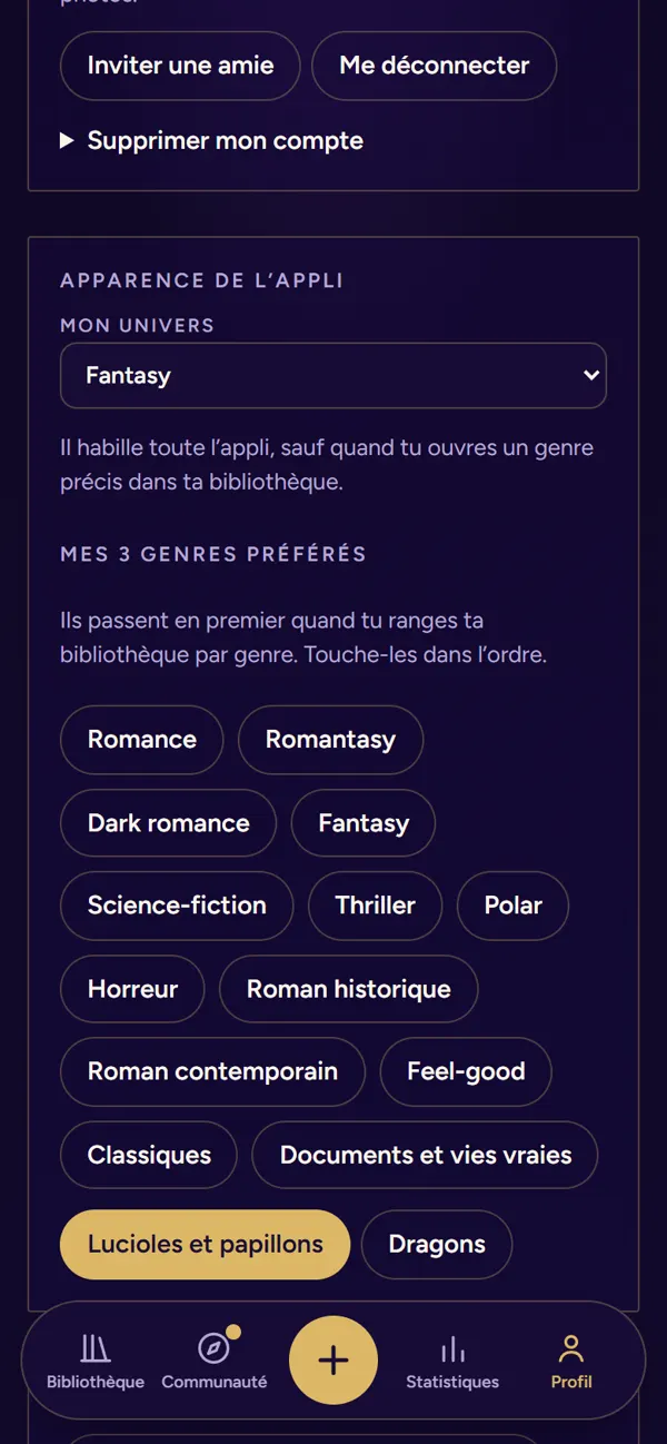 Mon univers et mes 3 genres préférés dans le profil